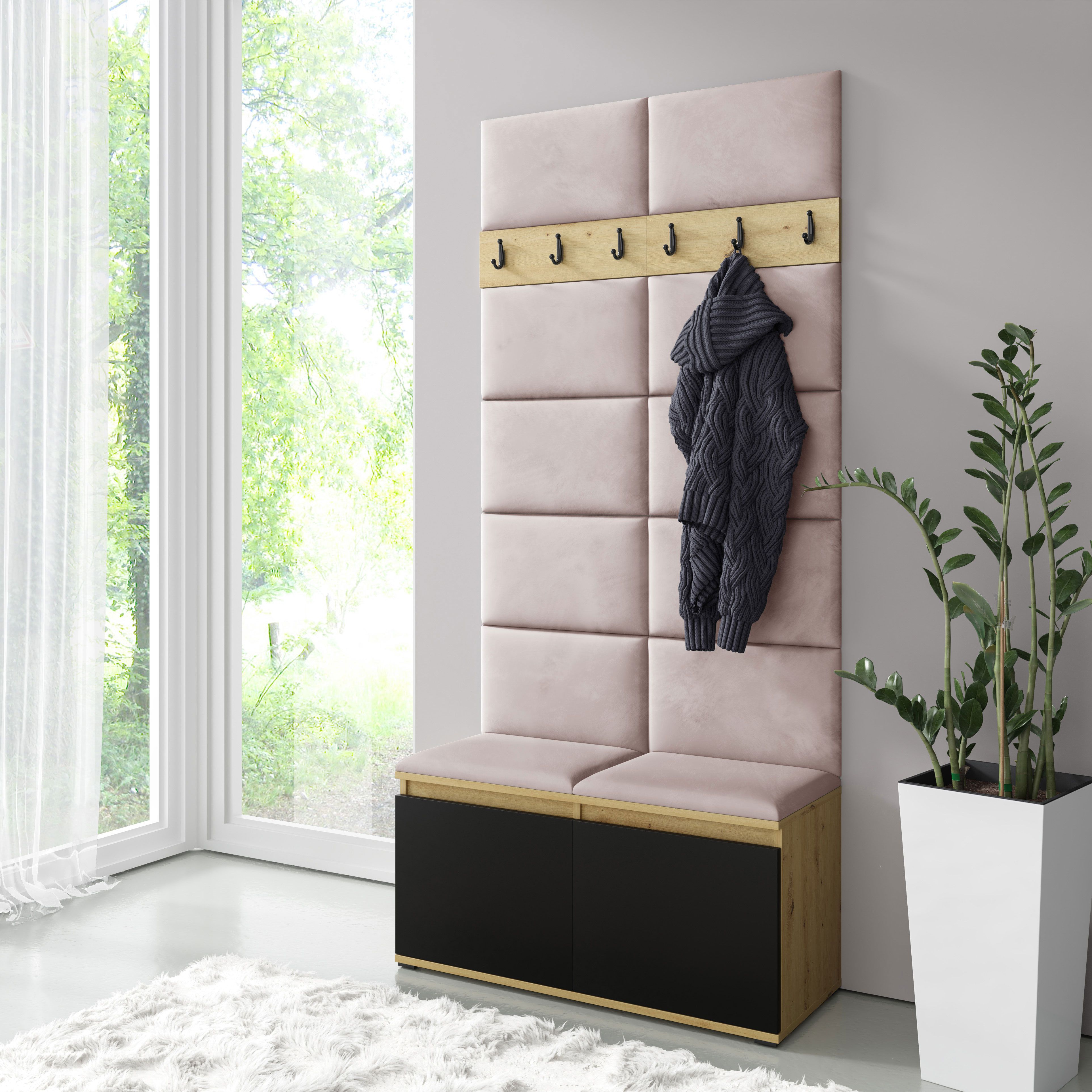 Garderobe 01 mit Schuhschrank für 8 Paar Schuhe | Artisan/Schwarz/Flamingo | 215 x 100 x 40 cm | für 8 Paar Schuhe | 6 Kleiderhaken | 4 Fächer