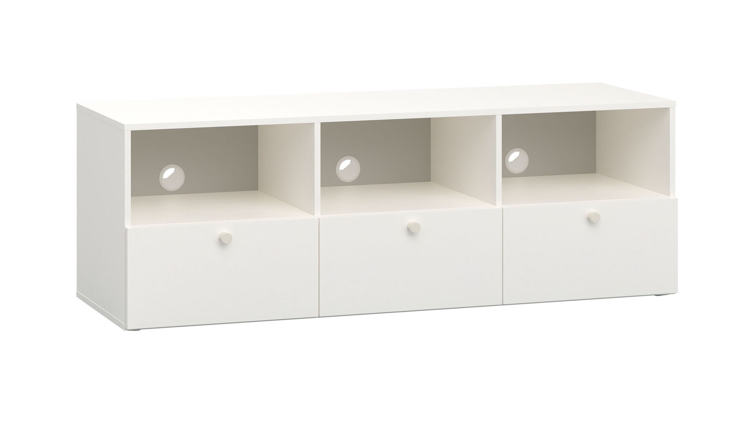 Schlichtes TV-Möbel / TV-Schrank mit drei Fächer Aenna 99, Farbe: Weiß / Grau, Maße: 51,5 x 151 x 46,5 cm, Griffe: Weiß, drei Schubladen, drei Kabellöcher