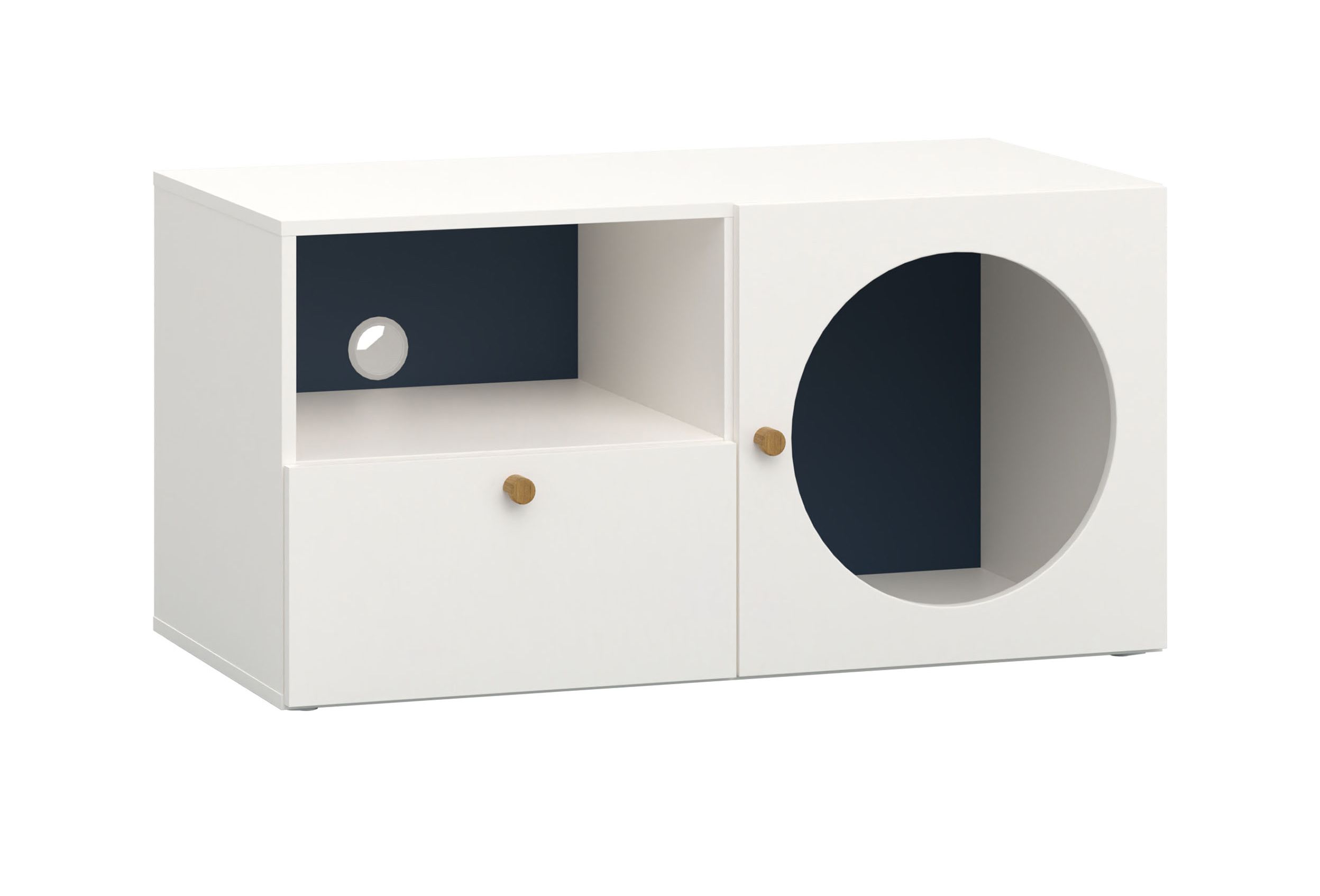 Robustes TV-Möbel / TV-Schrank mit einer Schublade Aenna 107, Farbe: Weiß / Indigo, Maße: 51,5 x 101 x 46,5 cm, eine Tür, zwei Fächer, sehr gute Verarbeitung