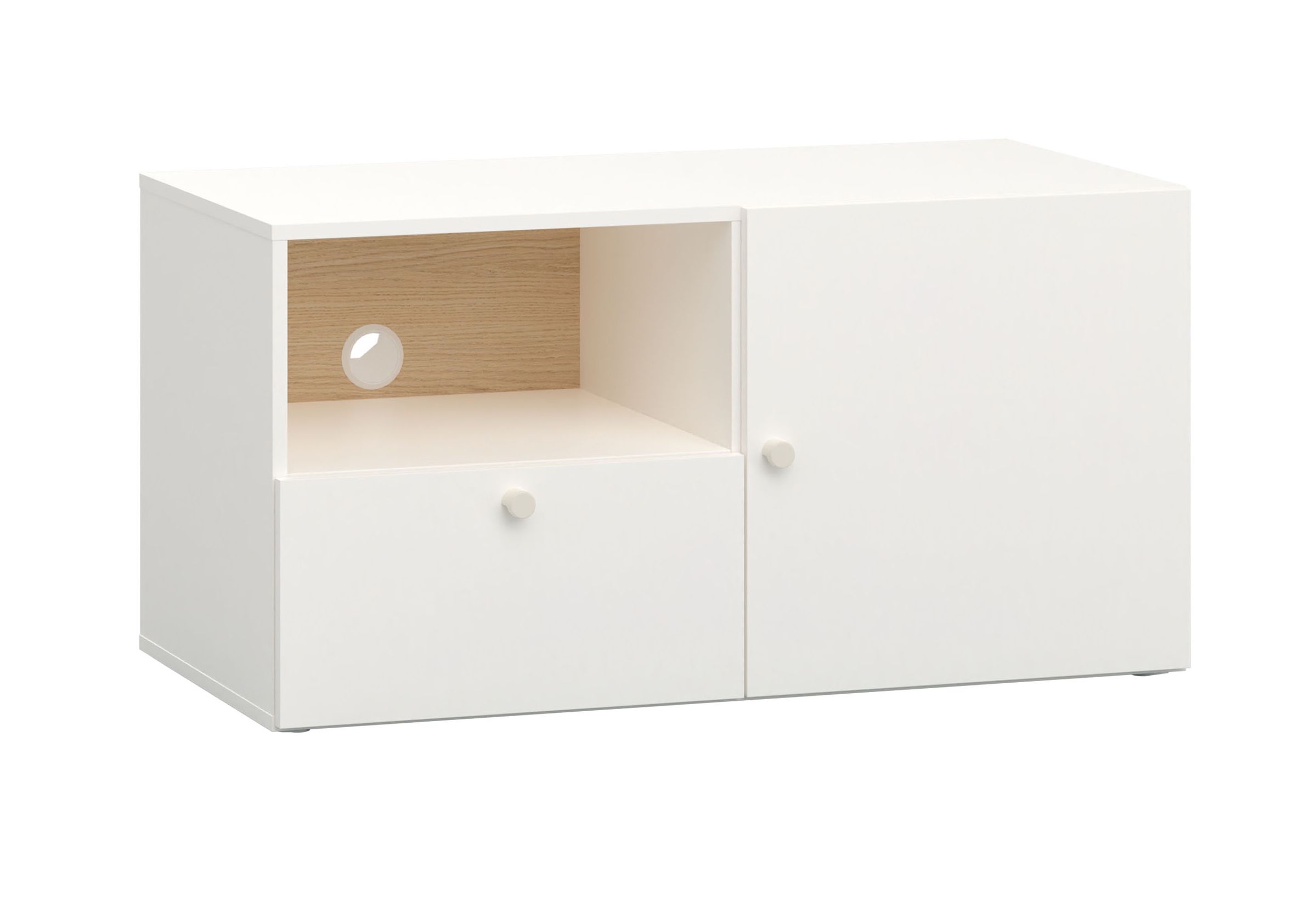 Eleganter TV-Schrank mit einer Tür Aenna 109, eine Schublade, zwei Fächer, Farbe: Weiß / Eiche, Maße: 51,5 x 101 x 46,5 cm, Griffe: Weiß, für Wohnzimmer