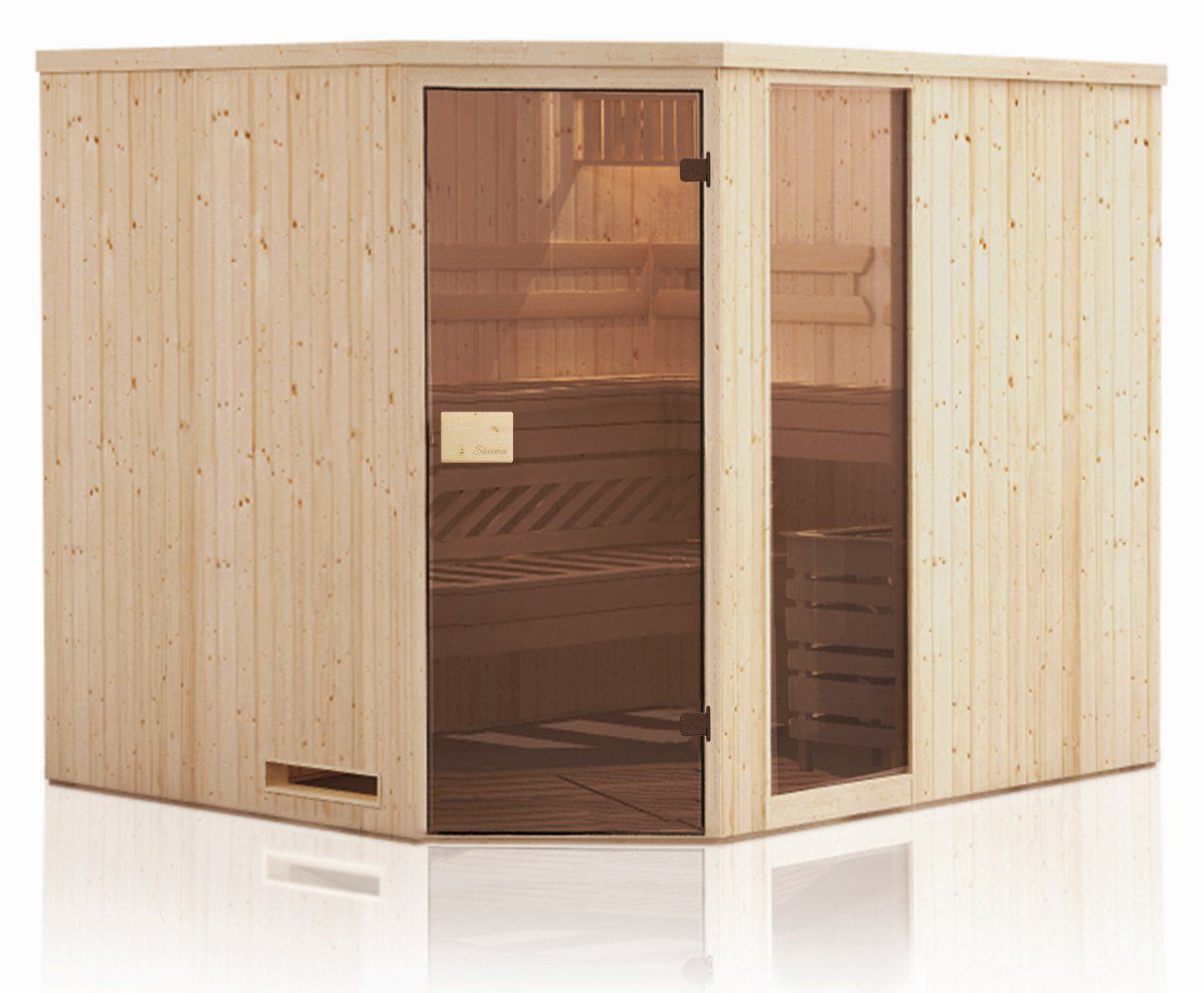 Elementsauna Tirari 68 mm mit 1 Sichtfenster und Dachkranz - Außenmaße (B x T x H): 244 x 194 x 199 cm