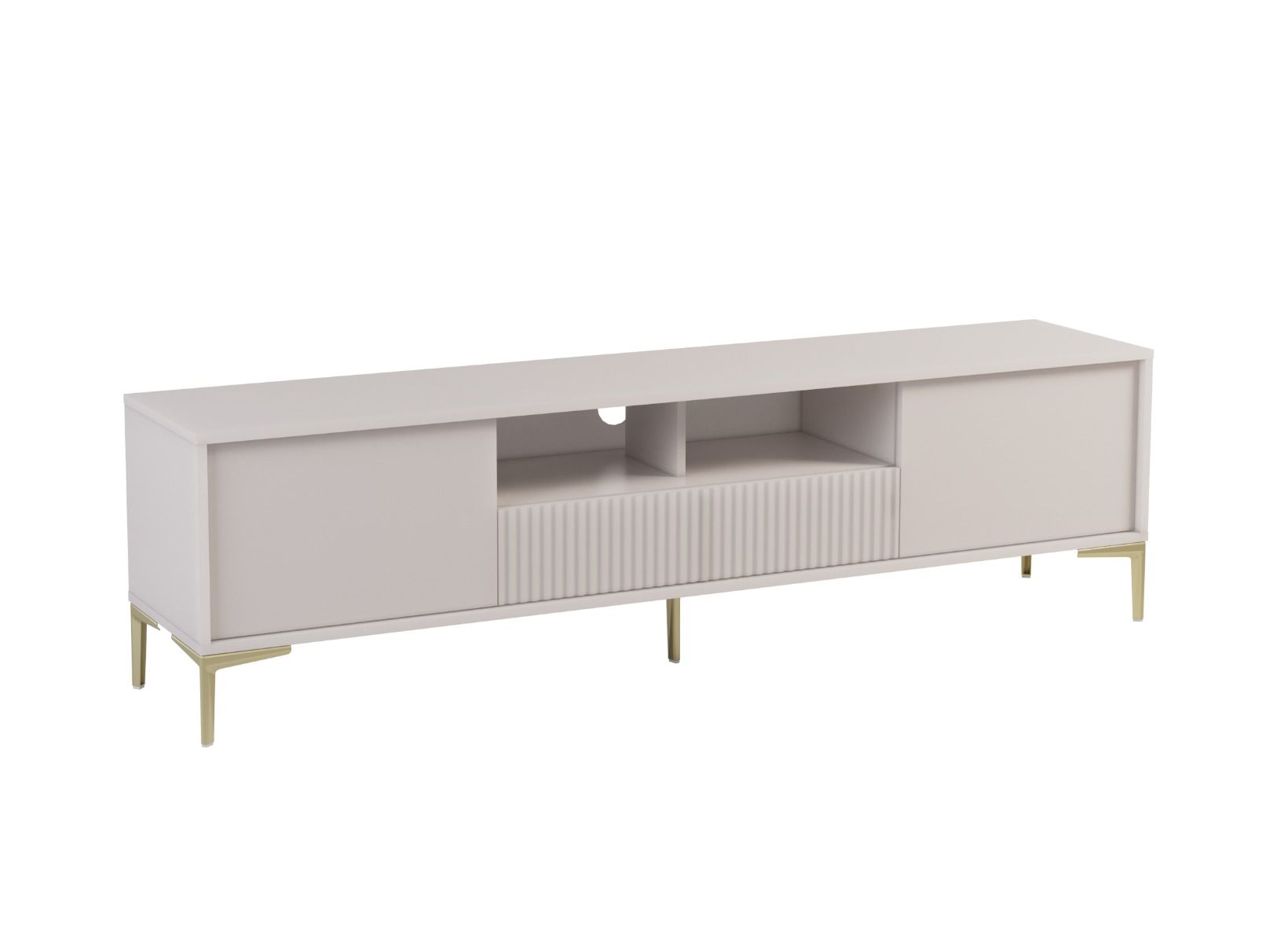 TV-Unterschrank Chabrey 02 mit viel Stauraum - 51,5 x 179 x 38 cm, 6 Fächer, ABS Kantenschutz, Füße aus Metall in Gold, 1 Kipptür, 2 Drehtüren