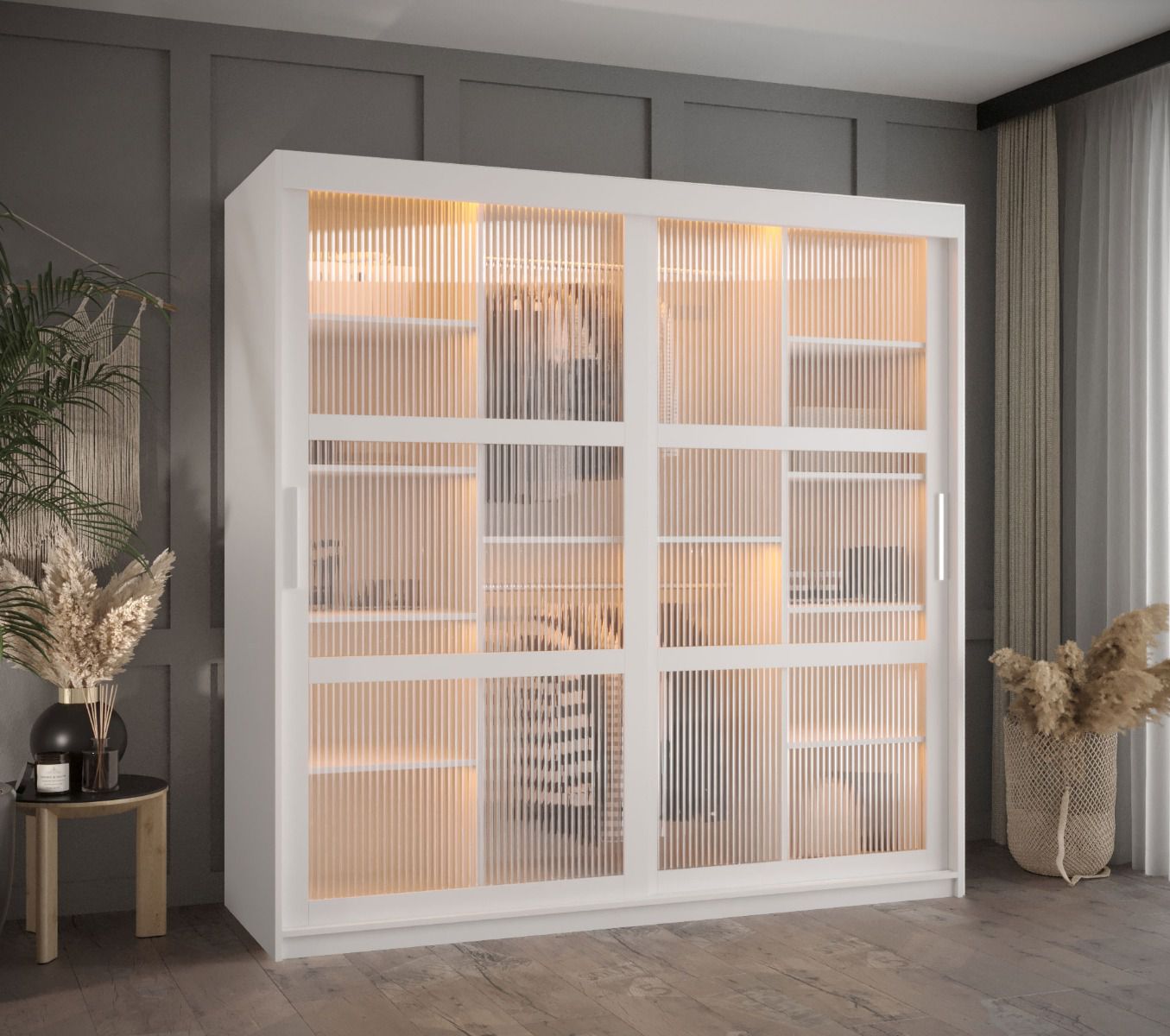 Eleganter Kleiderschrank mit gewölbten Glas Nadelhorn 07, Weiß Matt , Maße: 200 x 180 x 62 cm, Griffe: Silber, 10 Fächer, Führungen aus Aluminium