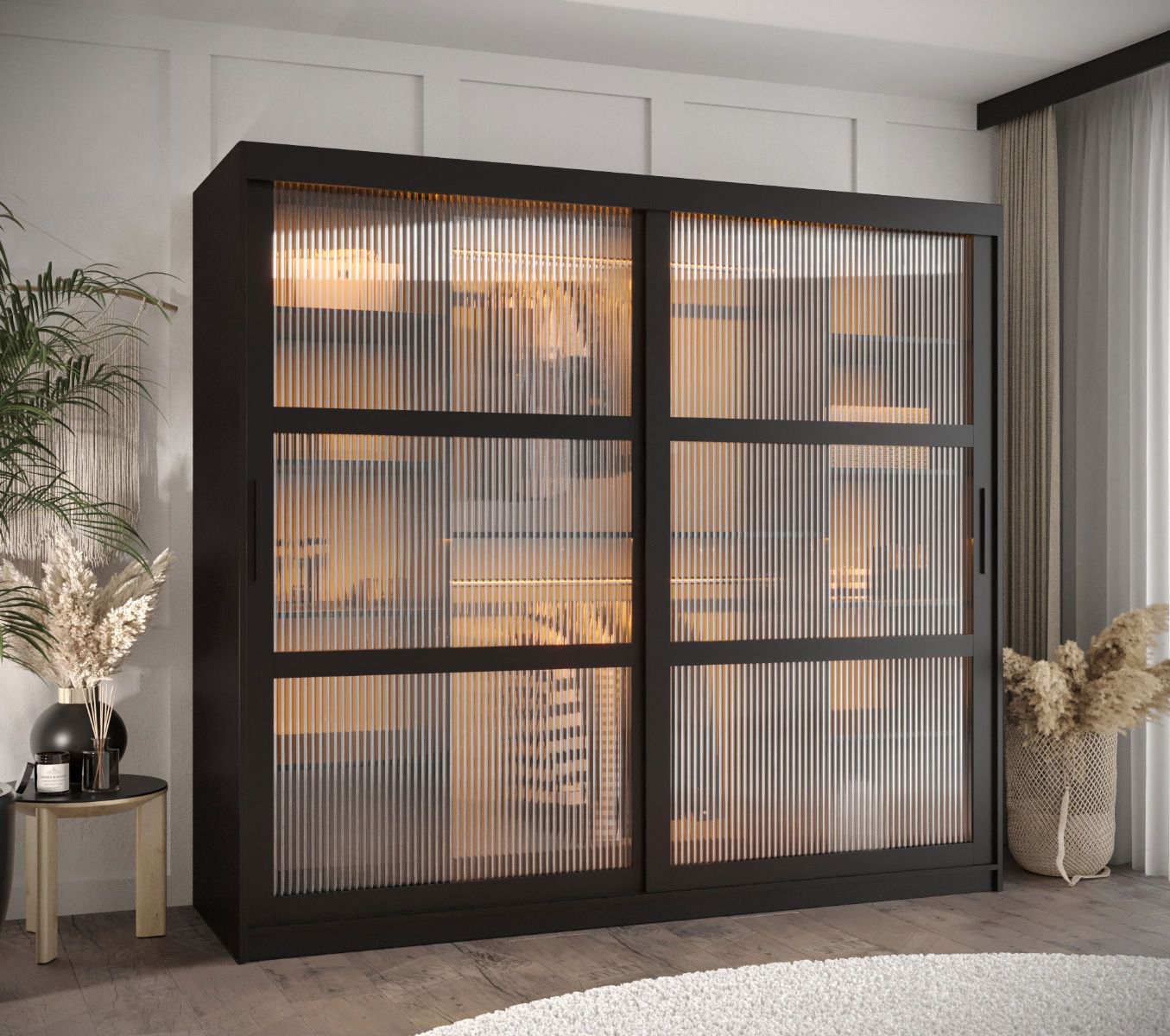 Schiebetürenschrank mit schlichten Design Nadelhorn 10, Schwarz Matt, Maße: 200 x 200 x 62 cm, mit neun Holzeinlegeböden und zwei Kleiderstangen