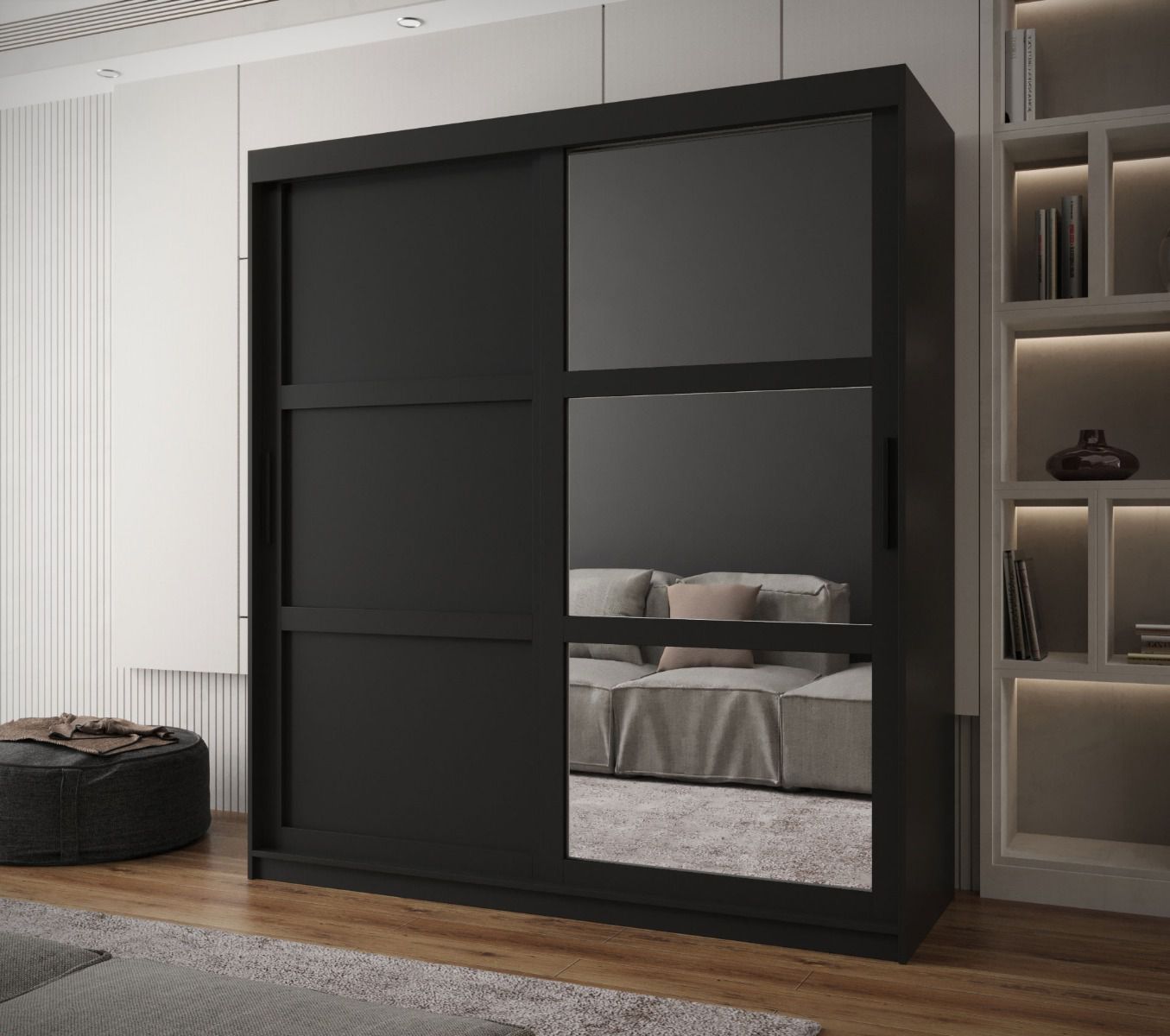 Eleganter Kleiderschrank Elbrus 20, Schwarz Matt, Maße: 200 x 180 x 62 cm, 10 Fächer, Schwarze Griffe, 2 Kleiderstangen, 9 Holzeinlegeböden