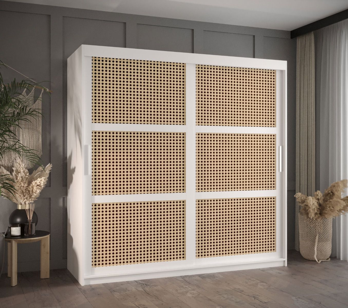 Neutraler Kleiderschrank Kasbek 07, Weiß Matt, Maße: 200 x 180 x 62 cm, 9 Holzeinlegeböden, 2 Kleiderstangen, moderner Aufdruck, 10 Fächer