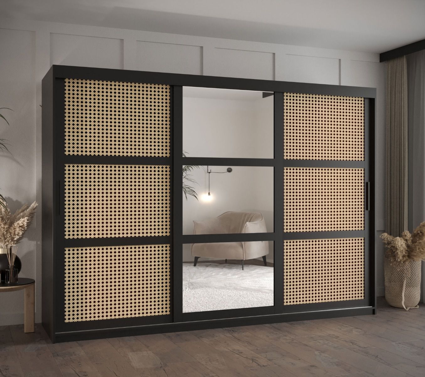 Kleiderschrank / Schiebetürenschrank im eleganten Design Kasbek 24, Schwarz Matt, Maße: 200 x 250 x 62 cm, 10 Fächer, mit Führungen aus Aluminium