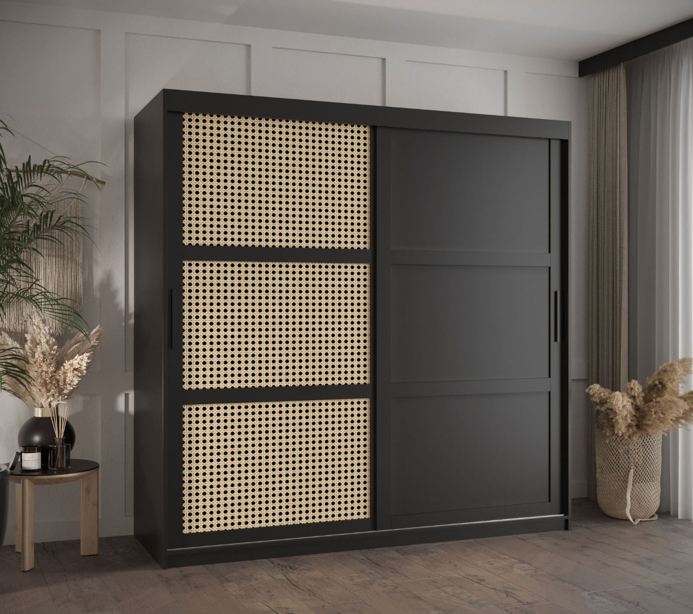 Edler Kleiderschrank / Schiebetürenschrank Kasbek 32, Schwarz Matt, Maße: 200 x 180 x 62 cm, mit Führungen aus Aluminium, 10 Fächer, 2 Kleiderstangen