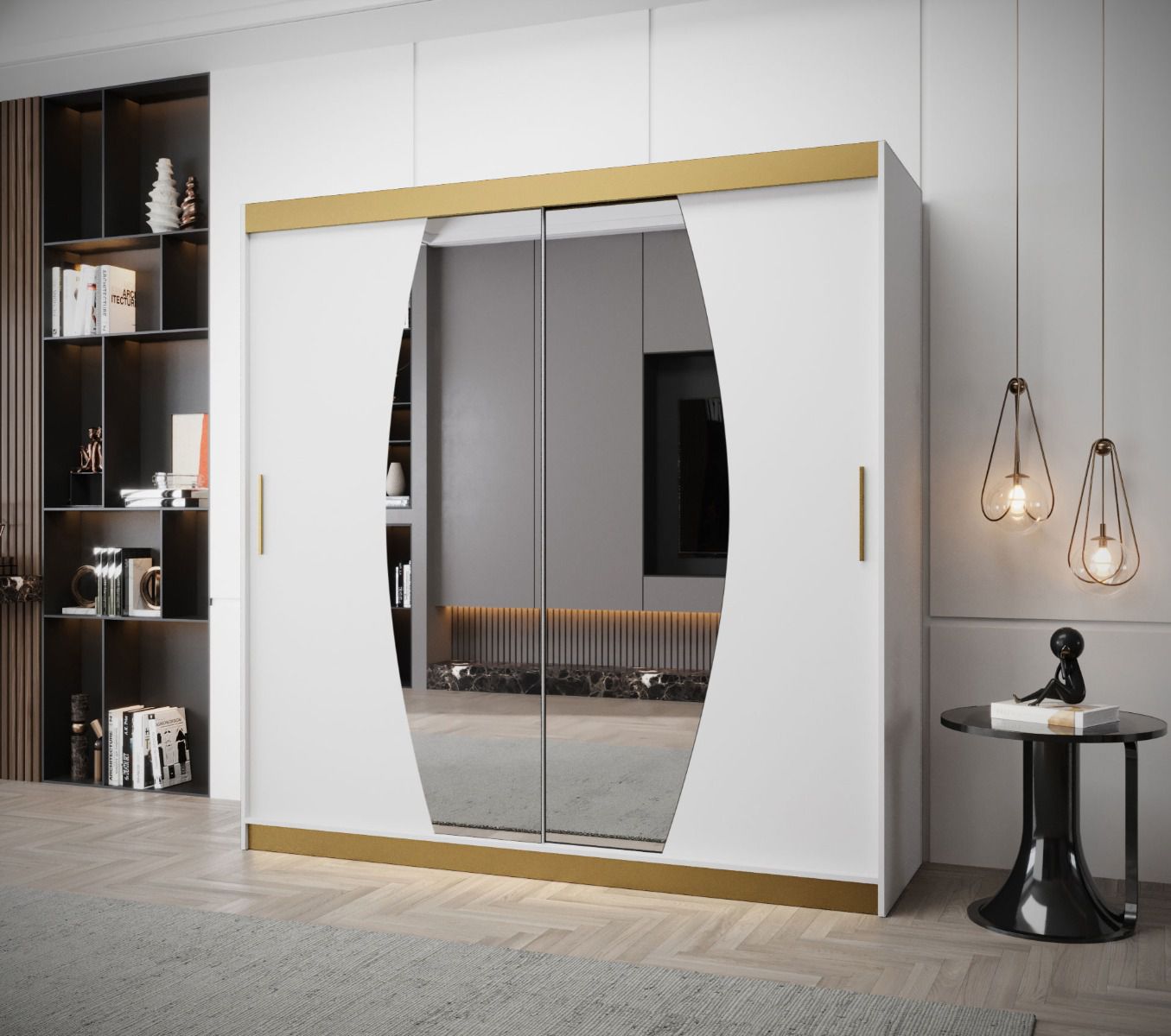 Kleiderschrank mit modernen Design Schwarzhorn 13, 2 Meter breit, Weiß Matt, Maße: 200 x 200 x 62 cm, mit polierten Spiegel, Griffe: Gold, 10 Fächer