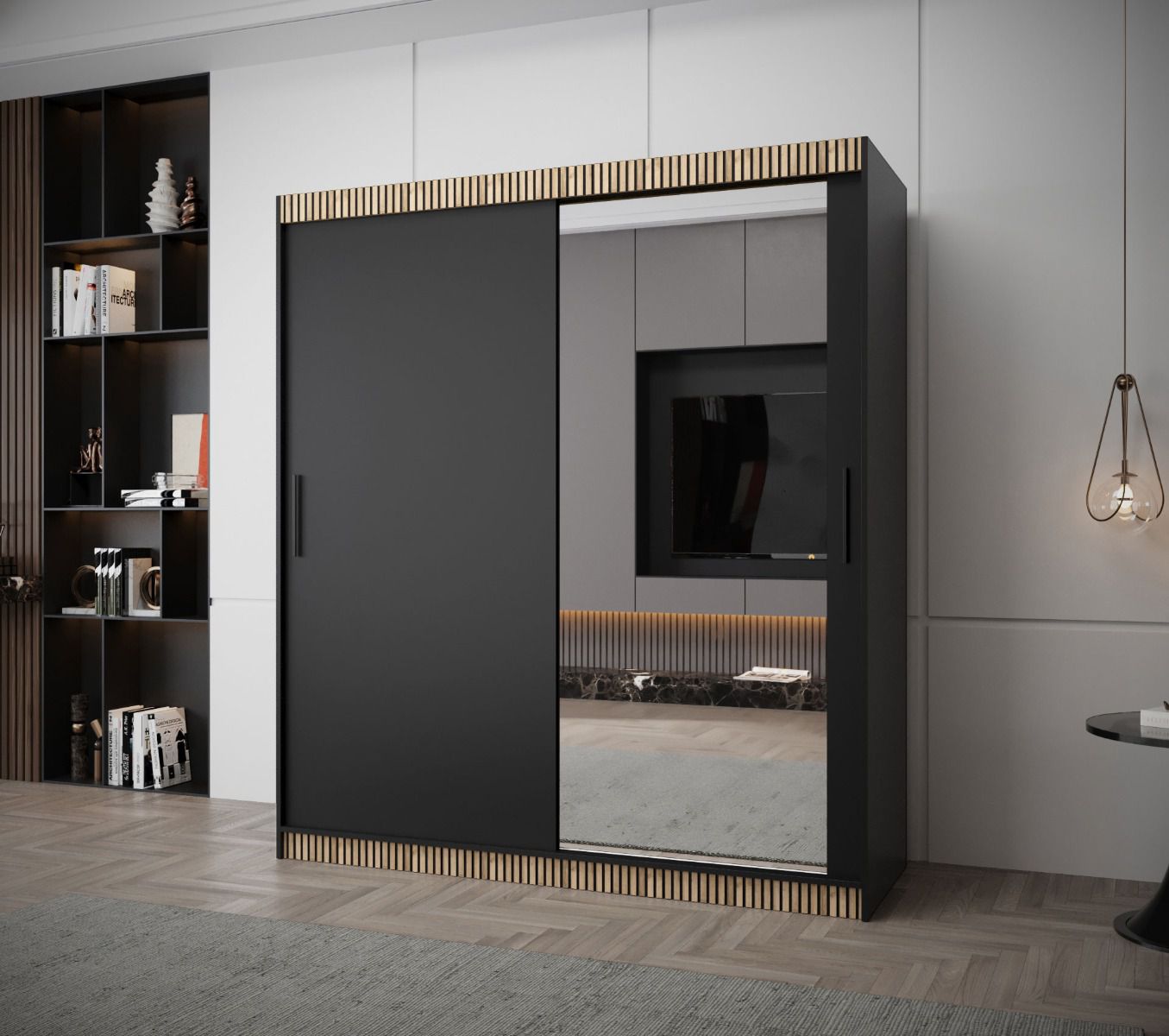 Kleiderschrank im eleganten Design Bernina 29, Schwarz Matt, mit Spiegeltür, Griffe: Schwarz, 10 Fächer, Maße: 200 x 180 x 62 cm, Führungen aus Aluminium