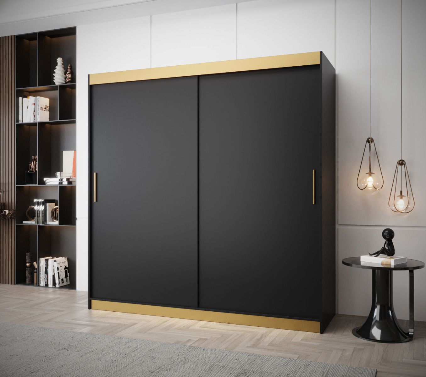 Kleiderschrank mit genügend Stauraum Bernina 69, Schwarz Matt, Griffe: Gold, Maße: 200 x 200 x 62 cm, 10 Fächer, 2 Kleiderstangen