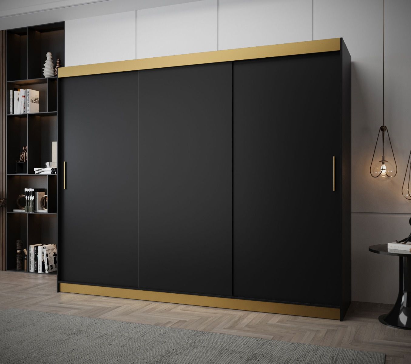 Breiter Kleiderschrank / Schiebetürenschrank Bernina 72, Schwarz Matt, Maße: 200 x 250 x 62 cm, Griffe: Gold, 10 Fächer, 2 Kleiderstangen