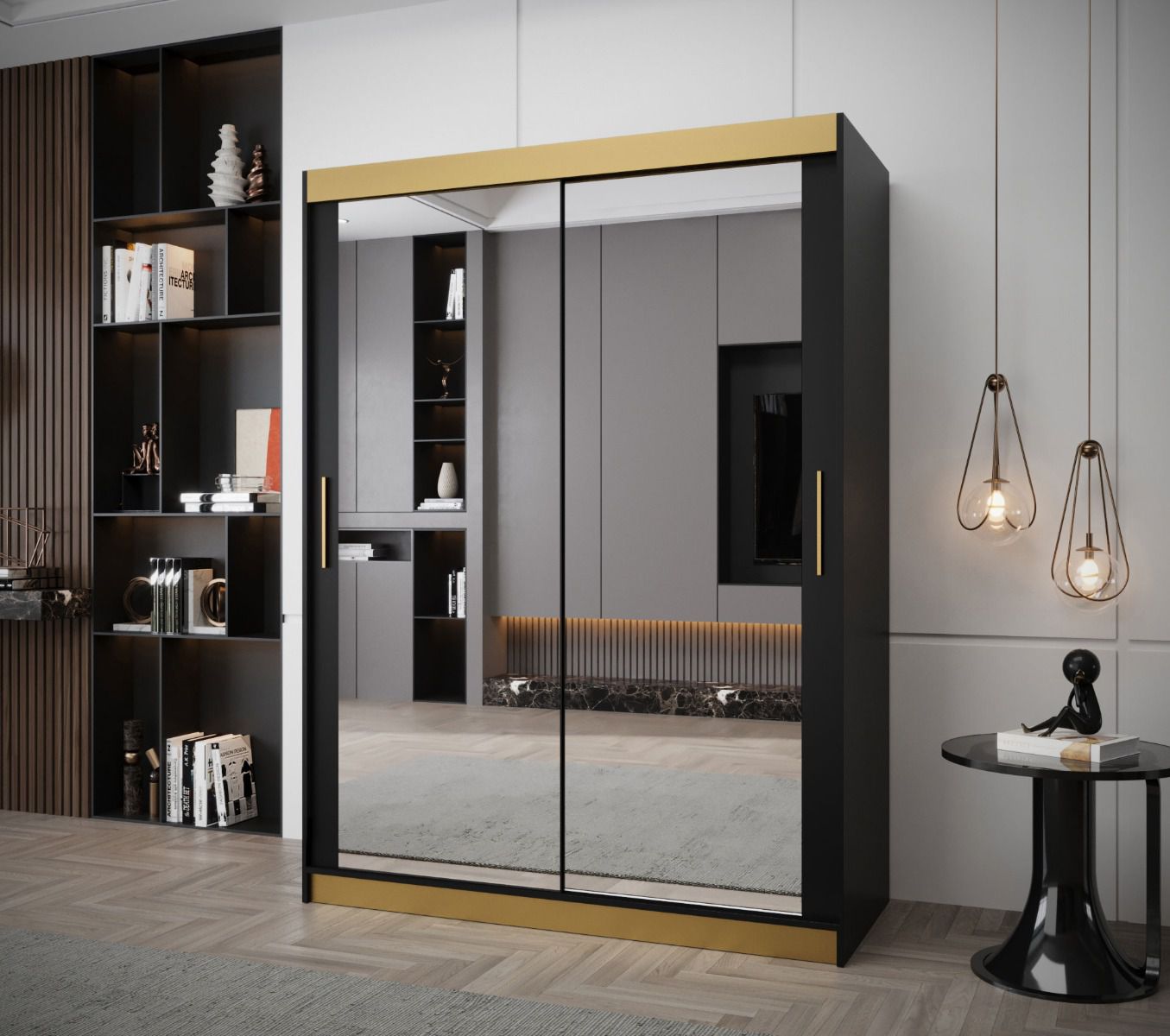 Schiebetürenschrank im modernen Design Bernina 45, mit Spiegeltüren, Schwarz Matt, Griffe: Gold, Maße: 200 x 150 x 62 cm, Führungen aus Aluminium