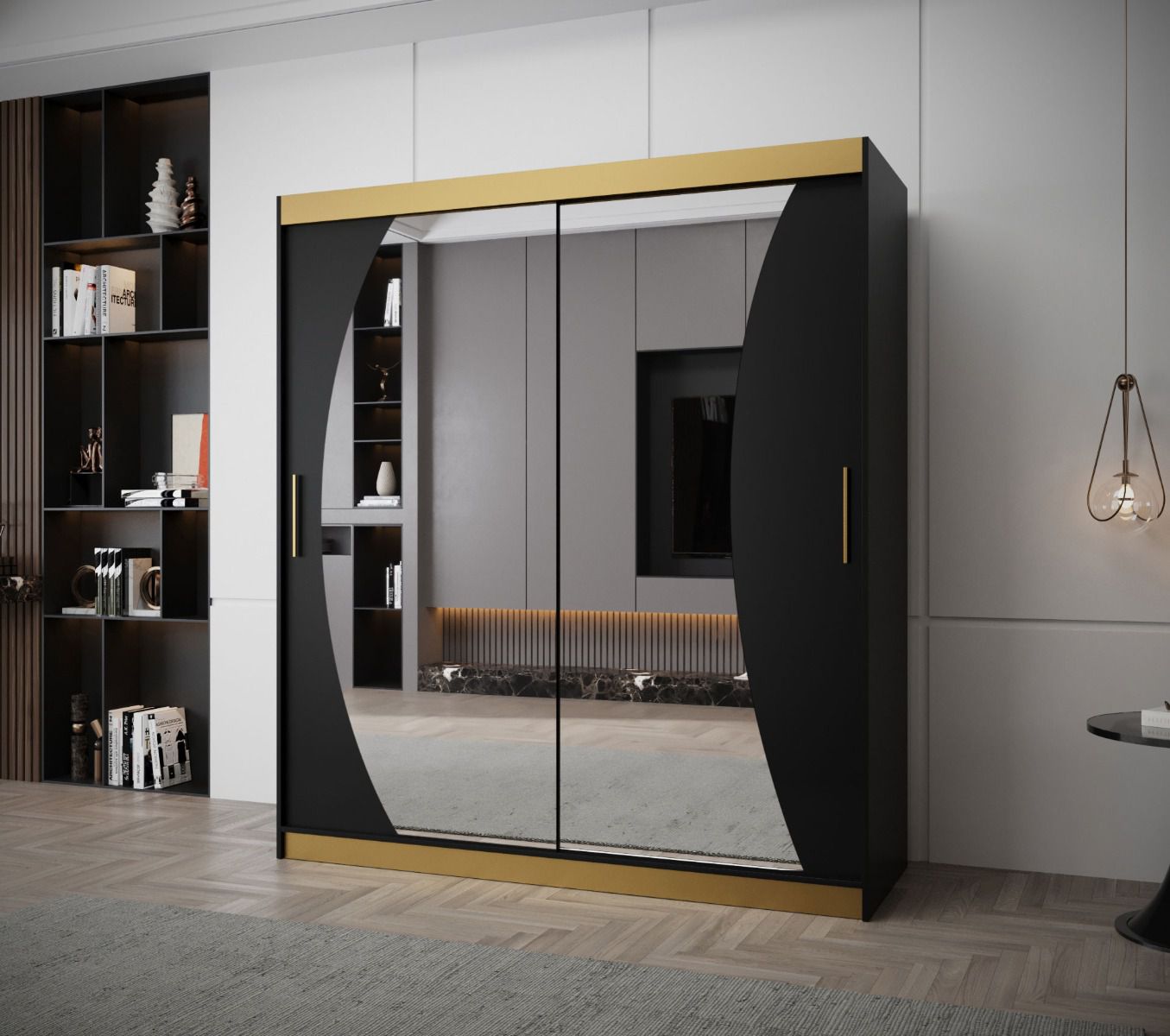 Eleganter Schiebetürenschrank Weissmies 12, mit Spiegel, Schwarz Matt, Griffe: Gold, Maße: 200 x 180 x 62 cm, Führungen aus Aluminium