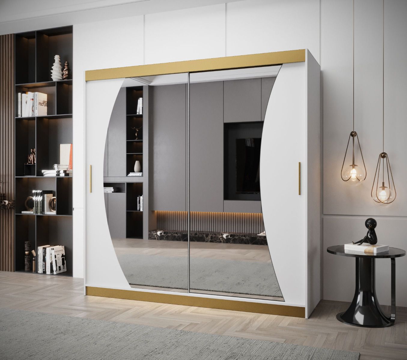 Kleiderschrank / Schiebetürenschrank im eleganten Design Weissmies 13, mit Spiegel, Weiß Matt, Maße: 200 x 200 x 62 cm, 10 Fächer, 2 Kleiderstangen