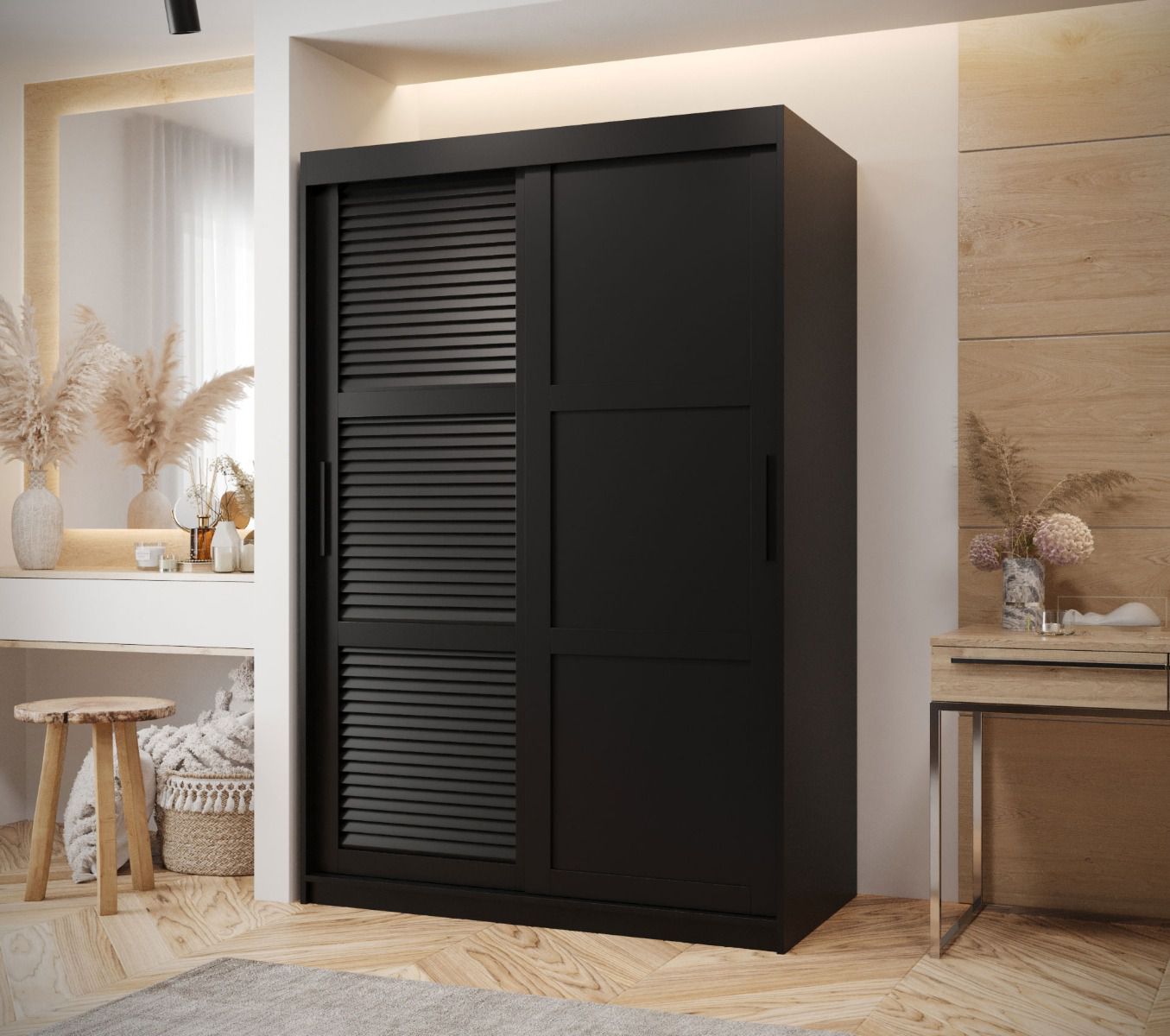 Schiebetürenschrank im edlen Design Täschhorn 16, Schwarz Matt, Maße: 200 x 120 x 62 cm, mit Aluminiumführungen, fünf Fächer, 2 Kleiderstangen