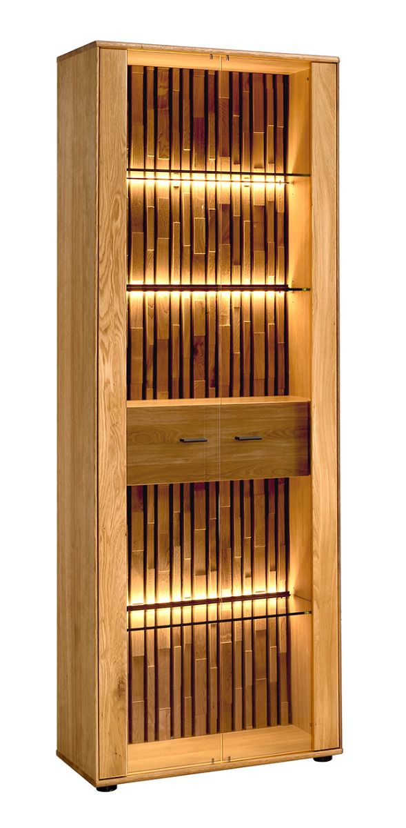 Vitrine Nobres 03 mit 2 Glastüren, 3 Glaseinlegeböden, 1 Schublade, Soft-Close, inkl. LED, 206 x 75 x 39 cm, Eiche / Natur, dekorative Eichenlamellen