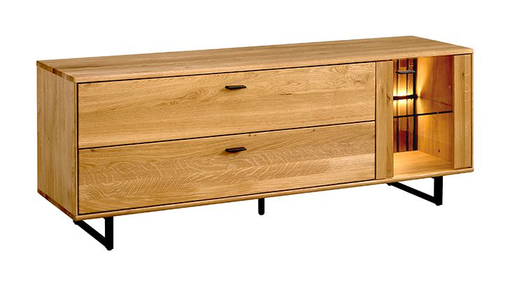 TV-Unterschrank Nobres 06 in Eiche / Natur, 117 x 148 x 39 cm, 2 Schubladen, 1 Glastür, 1 Glaseinlegeboden, 2 Fächer, Soft-Close, inkl. LED-Beleuchtung