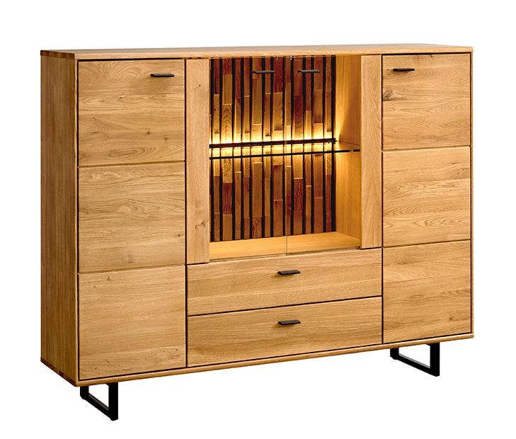 Kommode Nobres 14 in Eiche / Natur, 117 x 148 x 39 cm, mit LED-Beleuchtung, 4 Türen, 2 Schubladen, 7 Fächer, Soft-Close-System, für Staubsaugroboter 