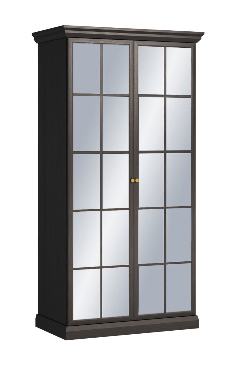 Kleiderschrank Torsakala 18 in Schwarz Graphit, 200 x 102 x 56 cm, 3 Fächer, 2 Türen mit Spiegelfront, 2 Einlegeböden, 1 Kleiderstange, Griffe Metall