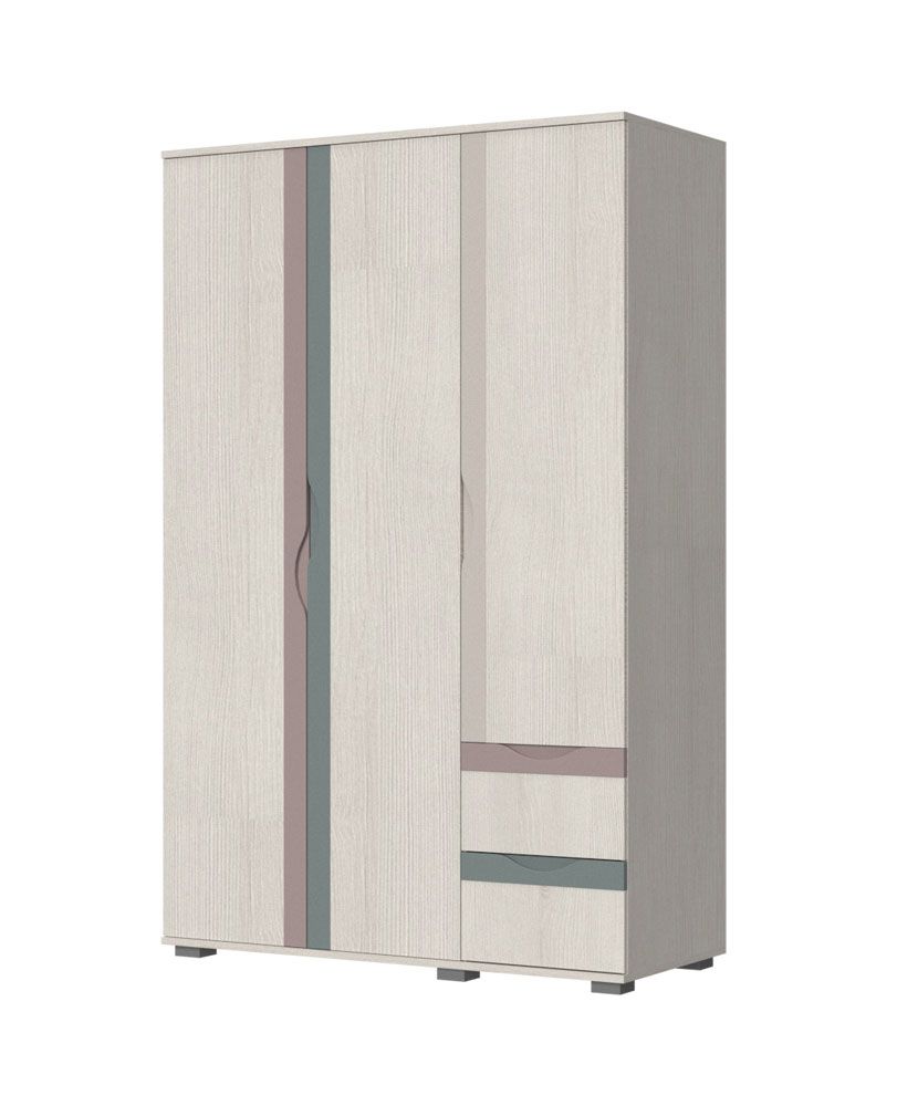 Großer Kleiderschrank für Kinderzimmer / Jugendzimmer Peter 09, drei Türen, Farbe: Kiefer Weiß / Beige / Rosa / Blau, Maße: 200 x 128 x 56 cm, Soft-close 