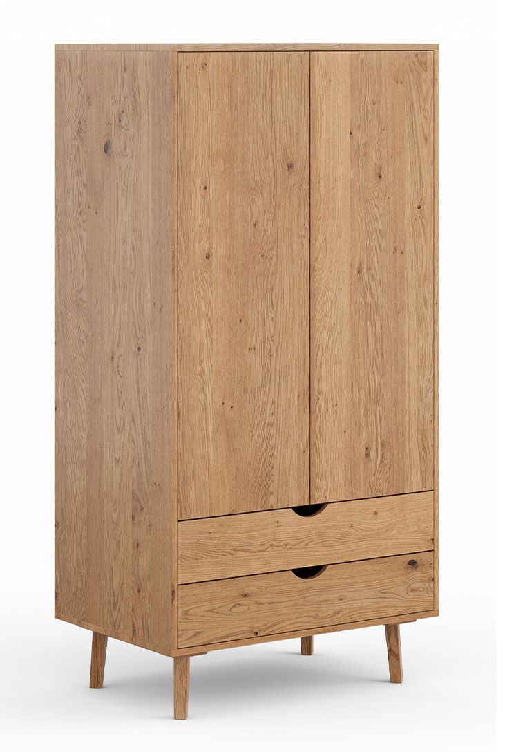 Schrank Mina 08 aus Wildeiche massiv, 180 x 90 x 60 cm, geölte Oberfläche, 2 Schubladen mit Soft-Close, 2 Türen mit Push-to-open, inkl. 1 Kleiderstange