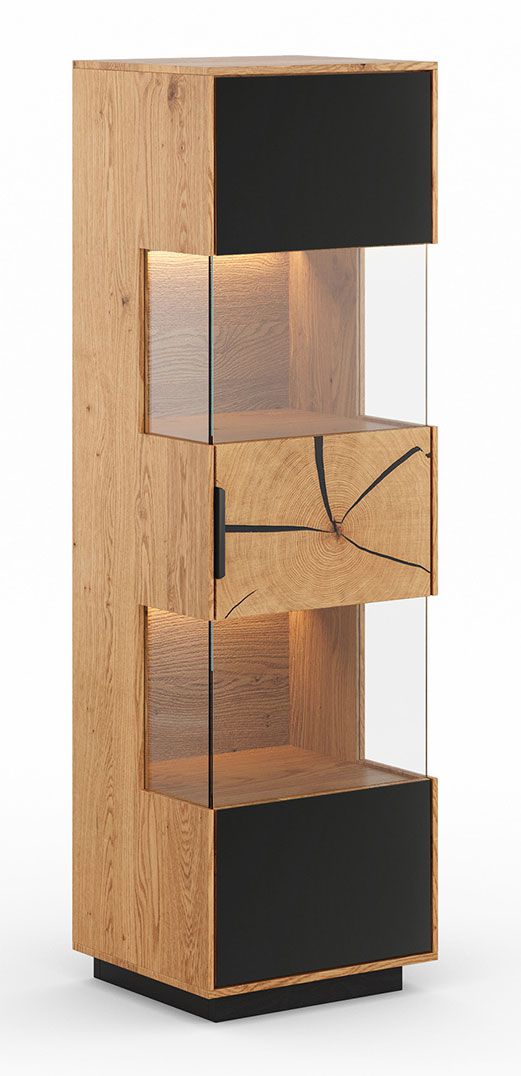 Vitrine Rania 17 mit 1 Tür, 147 x 43 x 39 cm, inkl. LED-Beleuchtung, in Eiche / Schwarz, Front aus Glas und Stirnholz, 4 Böden, 5 Fächer, Metallgriffe