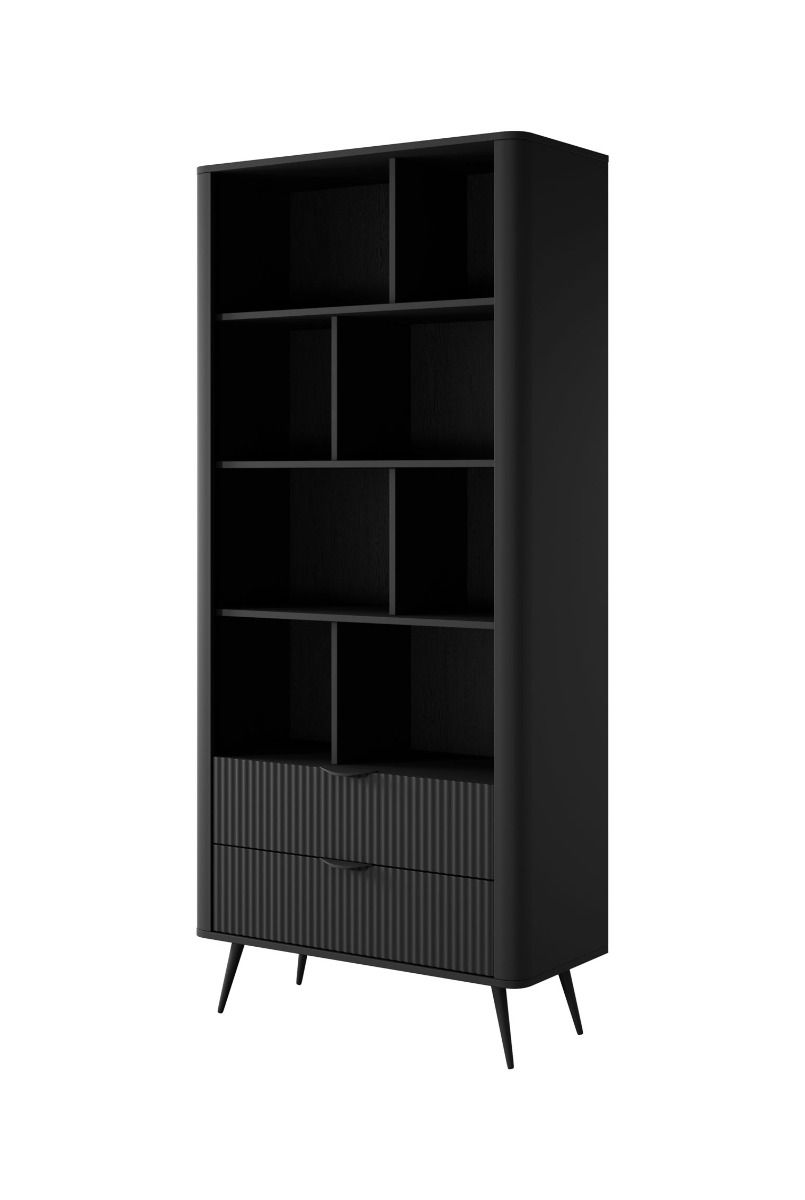 Modernes Regal / Bücherregal mit zwei Schubladen Sloughia 08, Farbe: Schwarz, Maße: 193 x 88 x 38 cm, modernes und einfaches Design, ABS-Kantenschutz