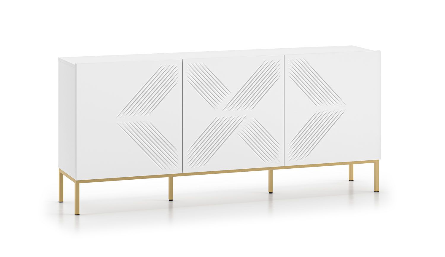 Sideboard / Kommode mit einer stilvollen Front Taos 08, Farbe: Weiß matt, Beine: Gold, Maße: 77 x 170 x 37 cm, mit drei Türen, sechs Fächer