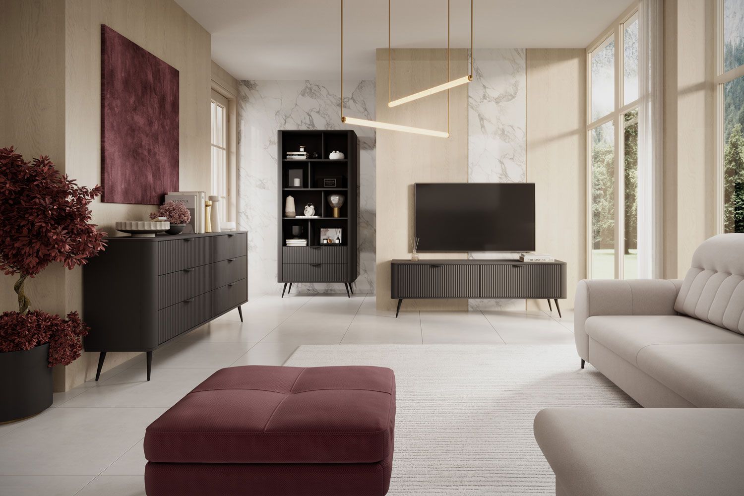 Schlichtes Wohnzimmer - Set C Sloughi, 3-teilig, mit genügend Staumöglichkeiten, Farbe: Schwarz, ABS-Kantenschutz