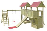 Spielturm K32 inkl. zwei Türme, Schindeldach, Holzbrücke, Einzelschaukel und Sandkasten - Abmessungen: 550 x 475 cm (L x B)