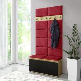 1 Meter breite Garderobe 01 mit Sitzbank gepolstert, für 8 Paar Schuhe, Artisan/Schwarz/Ruby Red, 215 x 100 x 40 cm, 6 Kleiderhaken, 4 große Fächer