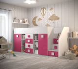 Robustes Funktionsbett / Kinderbett, Treppe: Rechts, Jura 71, Farbe: Weiß / Pink, Liegefläche: 90 x 200 cm, moderner Stil, 12 Fächer